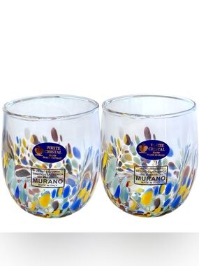 Set Of 2 Confetti White Cristal Murano Stemless Wine Glasses 14 oz Made In Italy